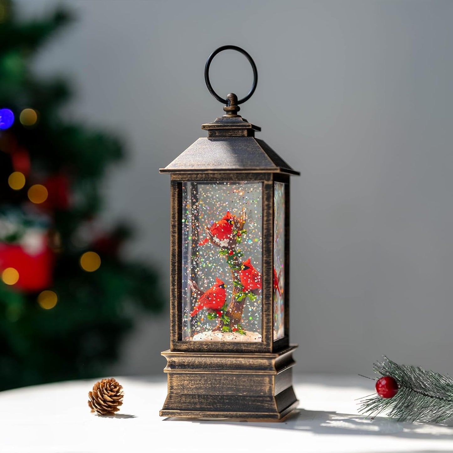 Christmas Snow Globe Lantern Water Glittering 10'' Cardinal with Music & Timer, USB Lined/Battery Operated Lighted Lantern for Christmas Festival Decoration Gifts