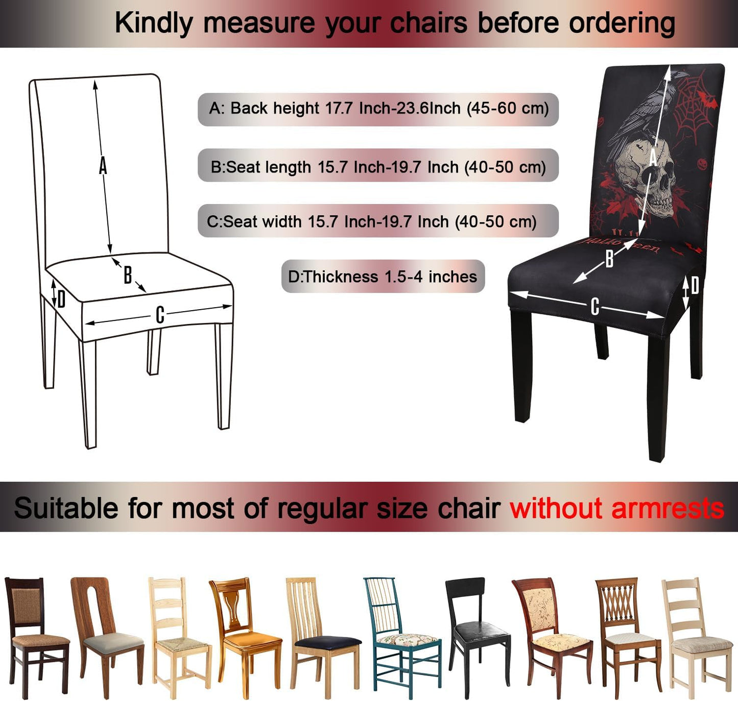 JQinHome Black Halloween Chair Slipcover,Skull Chair Covers Set of 4, High Stretch Washable Chair Protector Cover for Dining Room, Kitchen,Home Party,Wedding Ceremony(Skull Black,4PC)