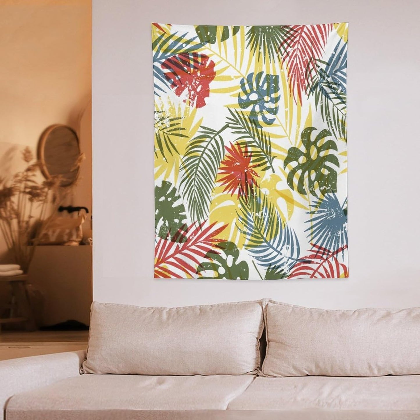 ICMOLYYENLO Boho Green Leaves Tapestry, Mid Century Abstract Tropical Palm Leaves Modern Minimalist Geometric Wall Hanging, Neutral Home Decor Art for Living Room Bedroom Dorm 60x80 Inch