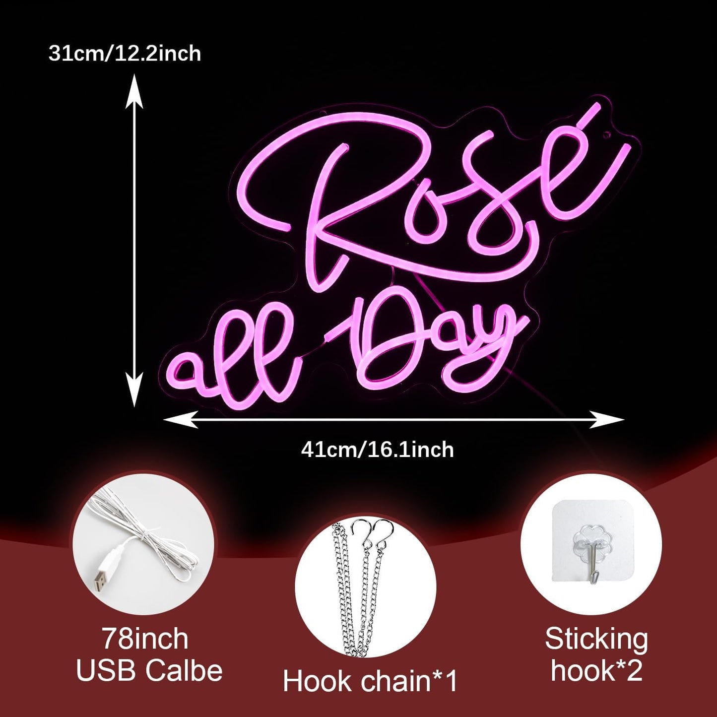 Rose All Day Neon Sign LED Pink Rose Neon Light For Wall Decor Dimmable USB Words Light Up Sign for Bedroom Wedding Party Atmosphere Decor Lovers Gift(12.2 * 16.1 In)