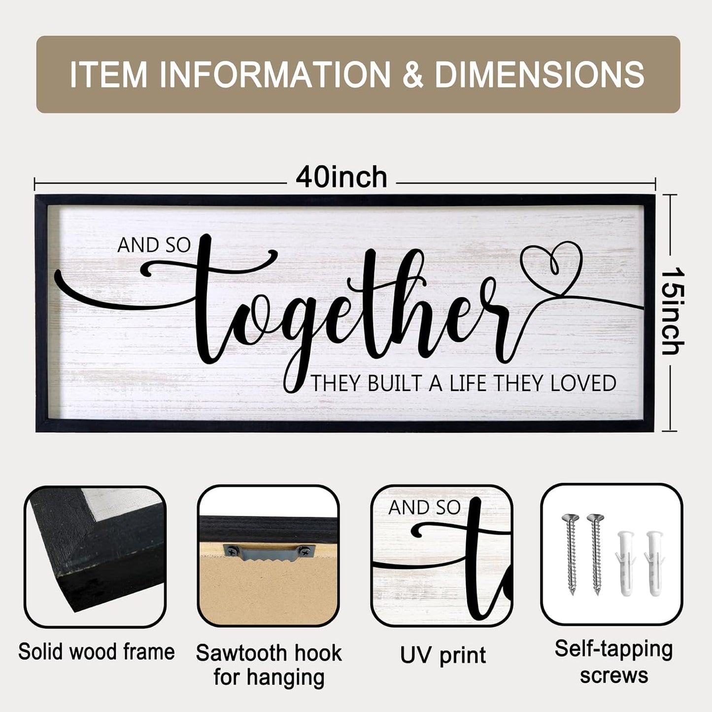 And So Together They Built A Life They Loved Decorative Rustic Sign & Plaque Framed Wall Art for Couples, 40''×15' Vintage 'Wooden Long Wall Decor Above Bed, Horizontal Farmhouse Wedding Gift