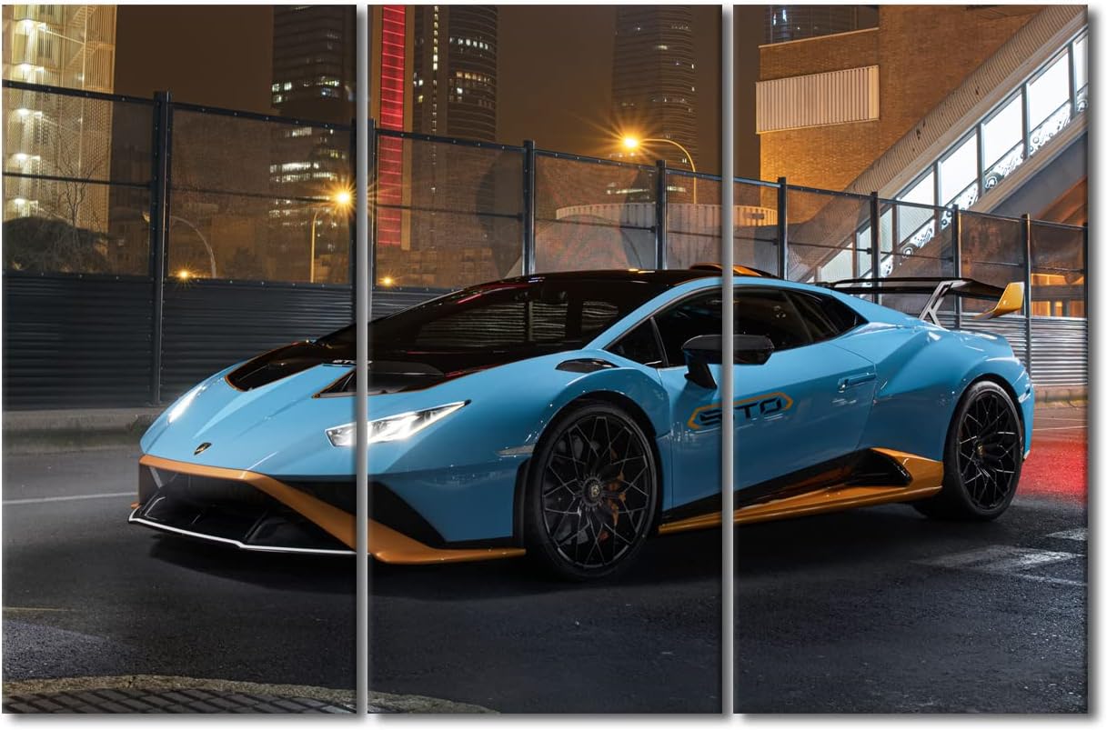 Car Poster Decor Wall Art for Bedroom Blue Super Car Canvas Painting Sports Car Large Wall Art for Living Room Hypercar Speed Blur Contemporary Home Decor 3 Panels Stretched on Wooden Frame 60"Wx40"H