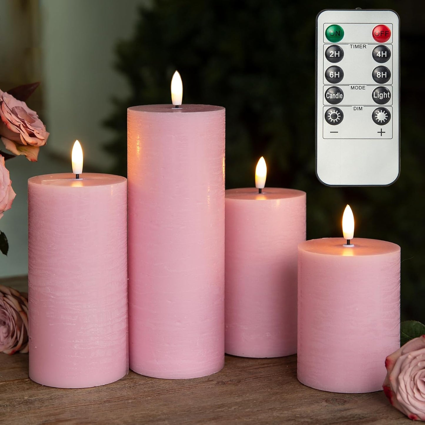 LUSHABOR Flameless Candles, 4 Pack Battery Operated Candles with Remote, Real Wax LED Fake Candles with Timer Flickering for Christmas Wedding Home Party D3 H 5" 6" 7" 9" Pink