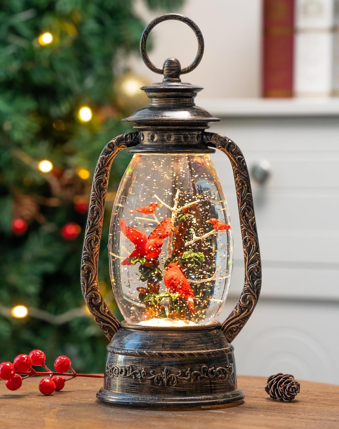 Christmas Snow Globe Lantern Water Glittering 12'' Cardinal with Music, USB Lined/Battery Operated Lighted Lantern for Christmas Festival Decoration Gifts