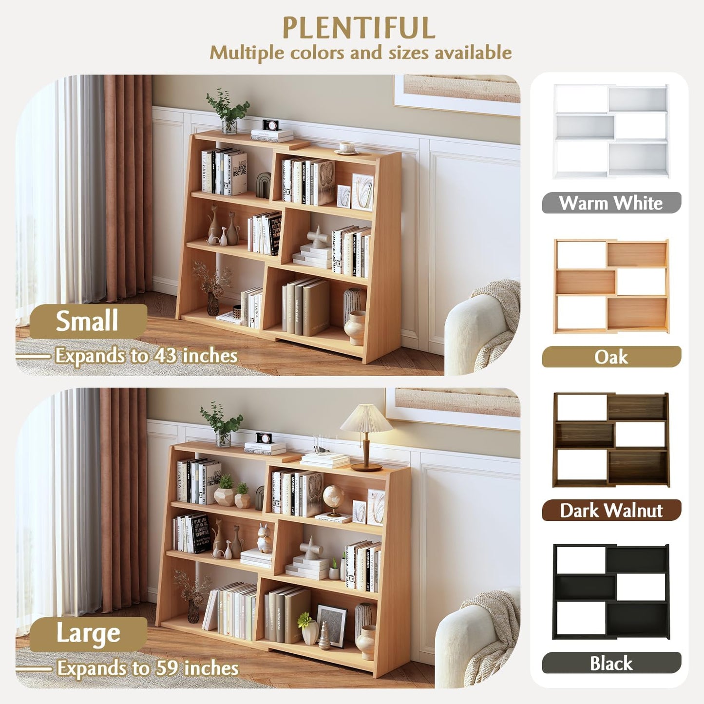 IOTXY Wooden Extendable Shelf Bookcase - 3-Tier Ladder Low Short Bookshelf for Small Space or Corner, Oak, S