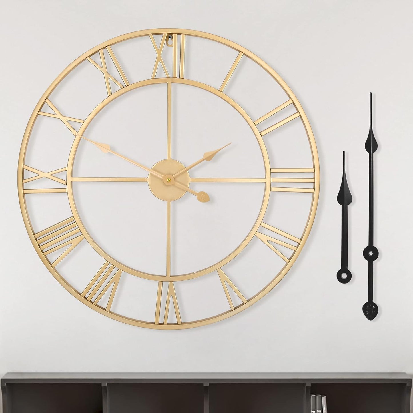 Large Modern Metal Wall Clocks Rustic Round Silent Non Ticking Battery Operated Roman Numerals Clock for Living Room/Bedroom/Kitchen Wall Decor-(Gold, 40cm)