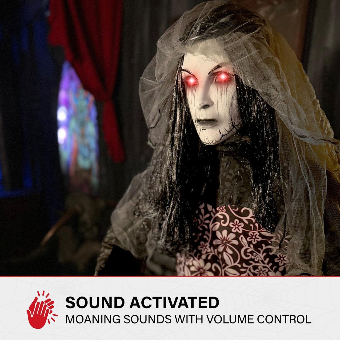 Haunted Hill Farm Rising Ghost Bride by Tekky, Battery-Operated, Sound Activated Animatronic with Sound Effects and Lights for Indoor or Covered Outdoor Creepy Halloween Decoration