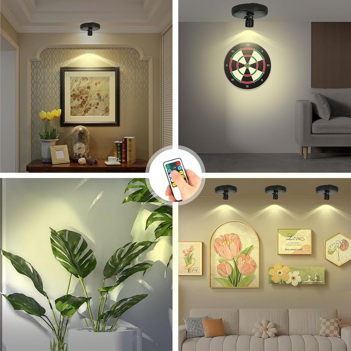Cordless Spotlight Battery Operated, Indoor Plant Light, LED Display Puck Lights, Dimmable Accent Lighting with Remote, Uplight for Picture Tree Painting Gallery Dartboard Art Photo