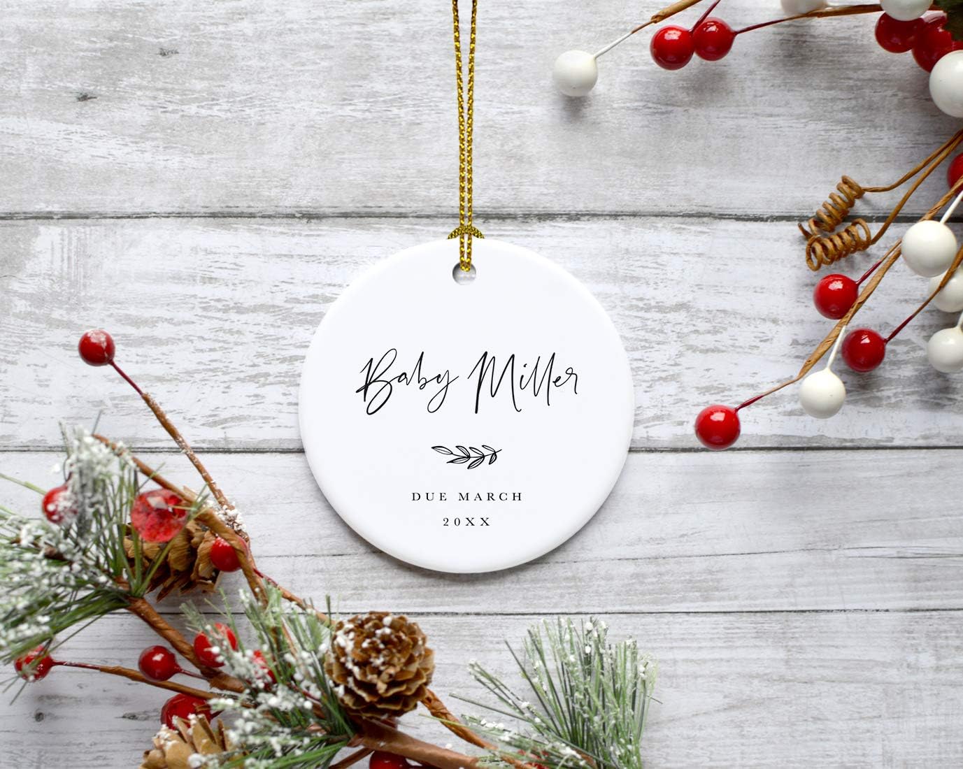 Andaz Press Personalized Round Ceramic Porcelain Christmas Tree Ornament Keepsake Collectible Gift for New Baby, Baby Miller Due March 2024, Antique Handdrawn, 1-Pack