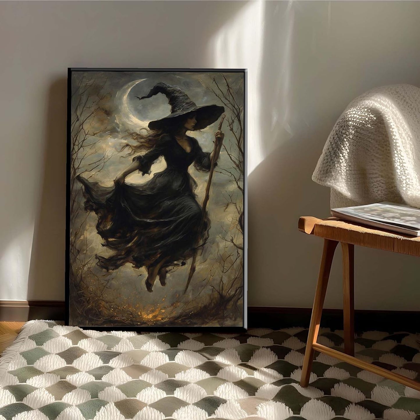 JFHCQJPK Witch in the Forest Halloween Print Wall Art Poster Witch Decor Vintage Print Dark College Wall Art Victorian Gothic Room Decor Canvas Wall Print16x24in Metal blackFramed