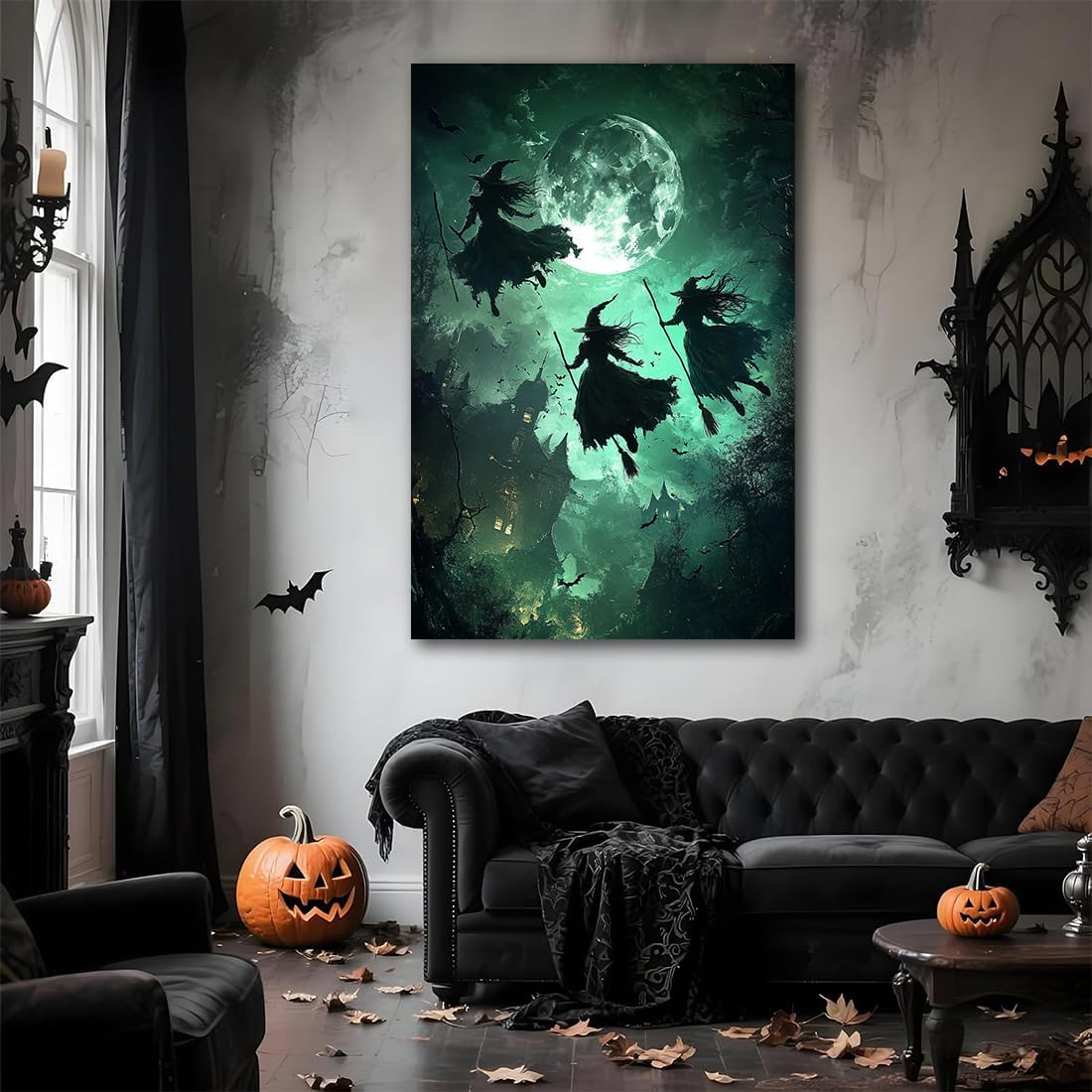 Flying Three Witches Halloween Canvas Wall Painting,Witches on Broom Under Full Moon Castle Victorian Decoration Haunted House Retro Poster for Living Room Bedroom Gallery,12"x18" Framed