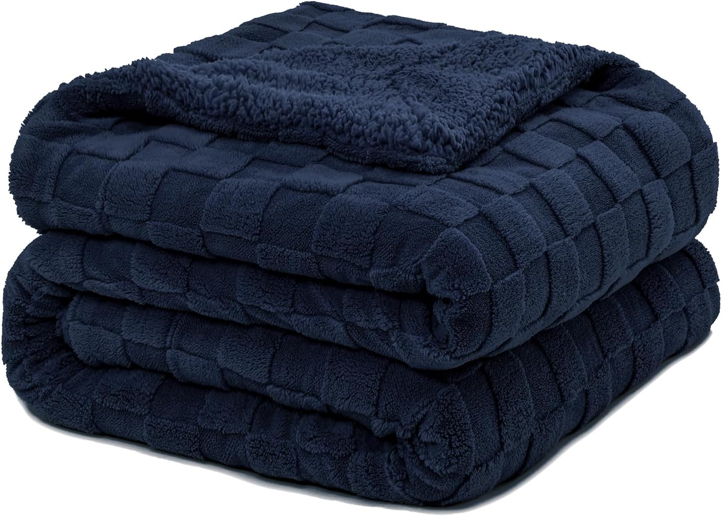 Pawque Super Soft Cozy Throw Blanket for Couch Bed - Fluffy Sherpa Fleece Reversible Thick Warm Fuzzy Blanket for All-Season, 3D Checkered Jacquard Elegant Decorative Blankets, Navy Blue, 50" x 60"
