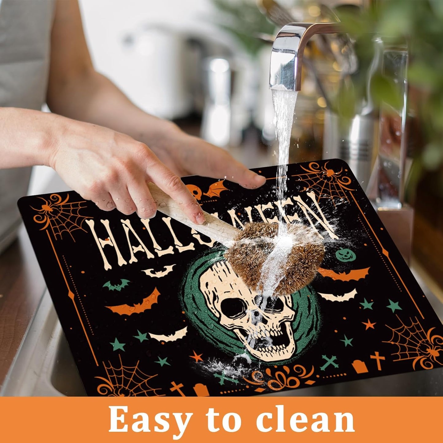 Halloween Placemats Set of 6 Gothic Bat Plastic Table Mats Pumpkin Witch Skull Ghost Halloween Place Mats Washable Vinyl Rustic Table Decoration for Indoor Outdoor Party Kitchen Dining