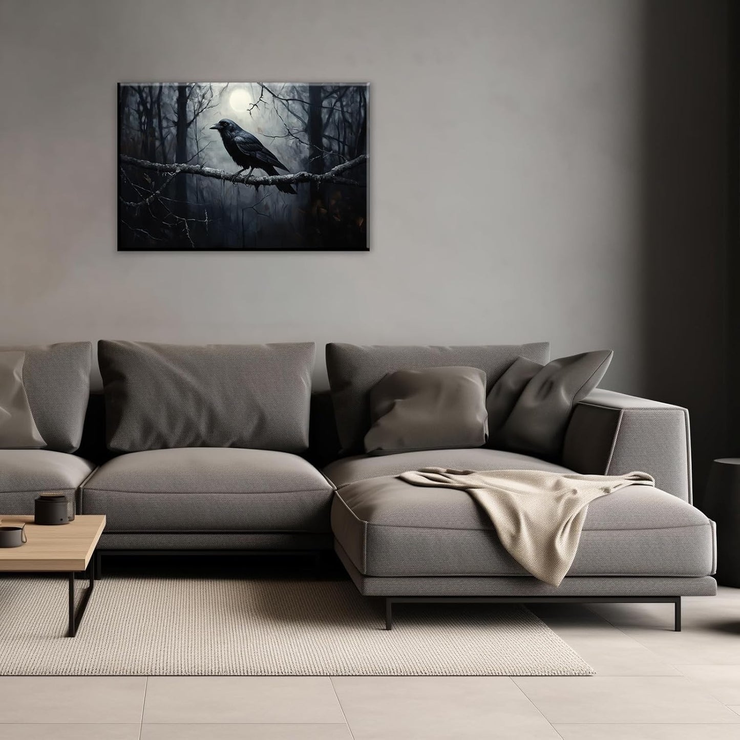 OAAPITI Crow Canvas Wall Art Black Crow Stand On The Branch Picture Print Moonlit Night Poster Vintage Forest Landscape Painting Artwork Living Room Halloween Decor(Artwork-1,16"x24")