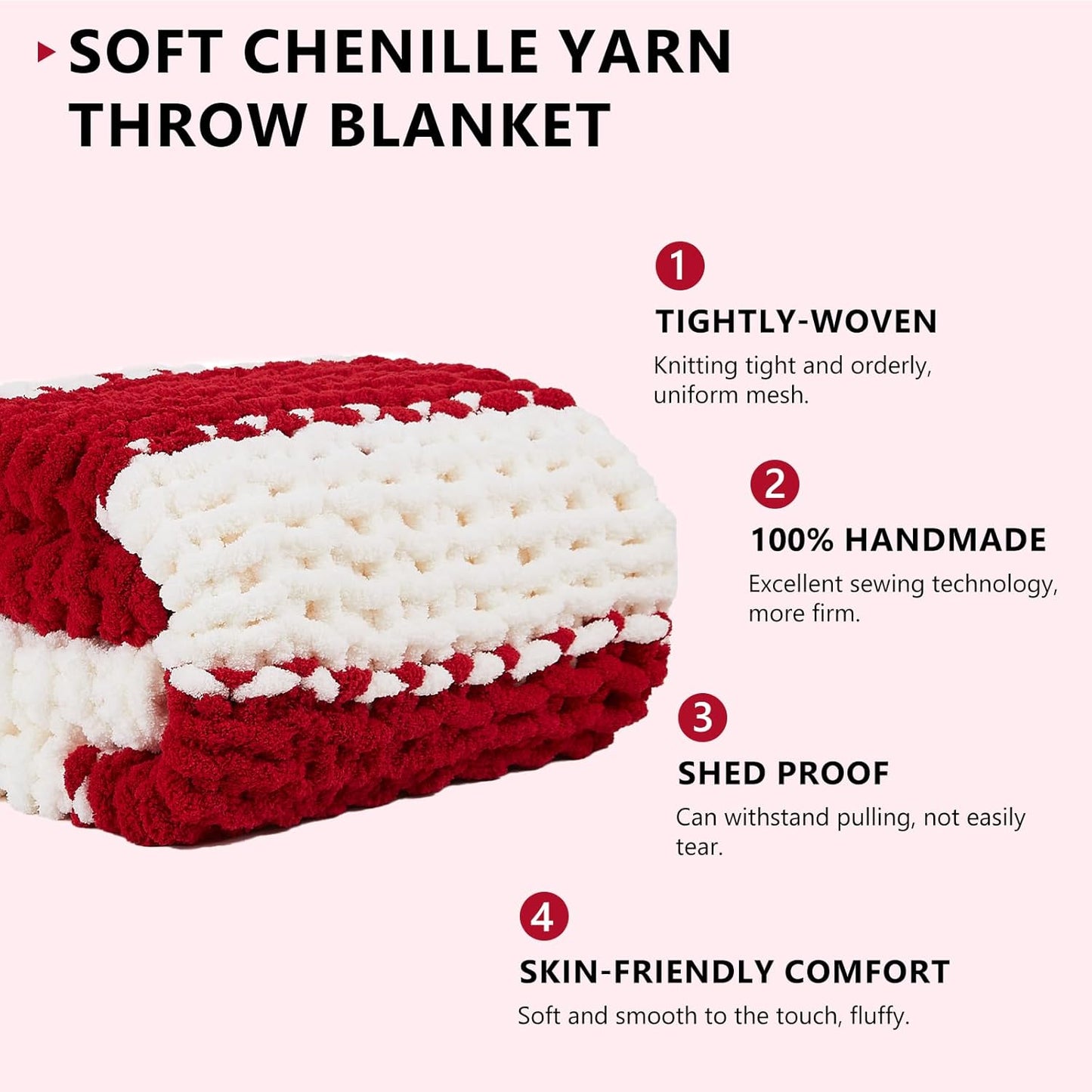 L'Agraty Chunky Knitted Throw Blanket: 80''x90'' Chenille Throw for Bed & Couch - Handmade Thick Cable Knit - Large Crochet Blanket (Red White)