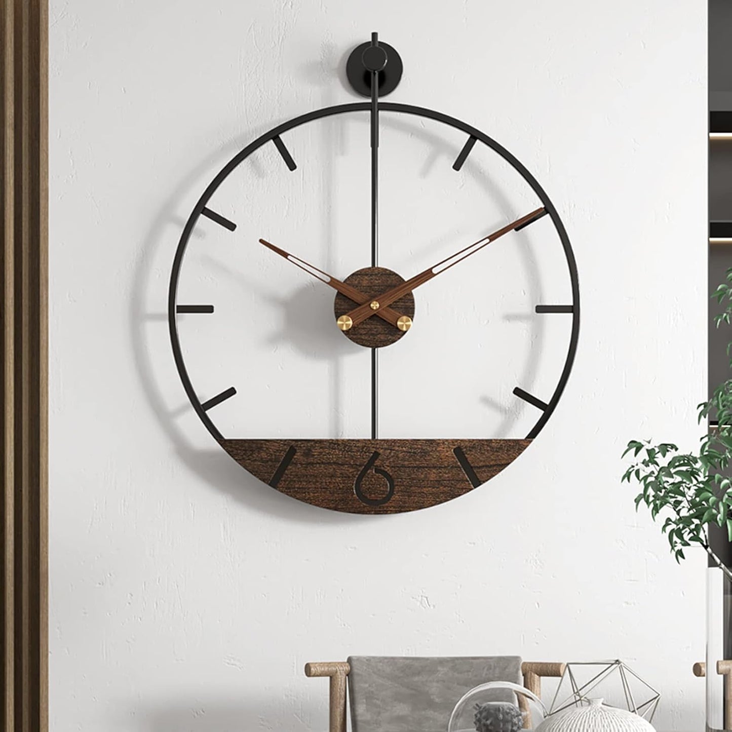 Modern Wood Walnut Dial Wall Clock, Large Simple Wall Decor Metal Frame Silent Non Ticking Clock for Living Room Decor, Kitchen, Bedroom, Study Decoration, Handmade Home Gift Idea, 15.8 in