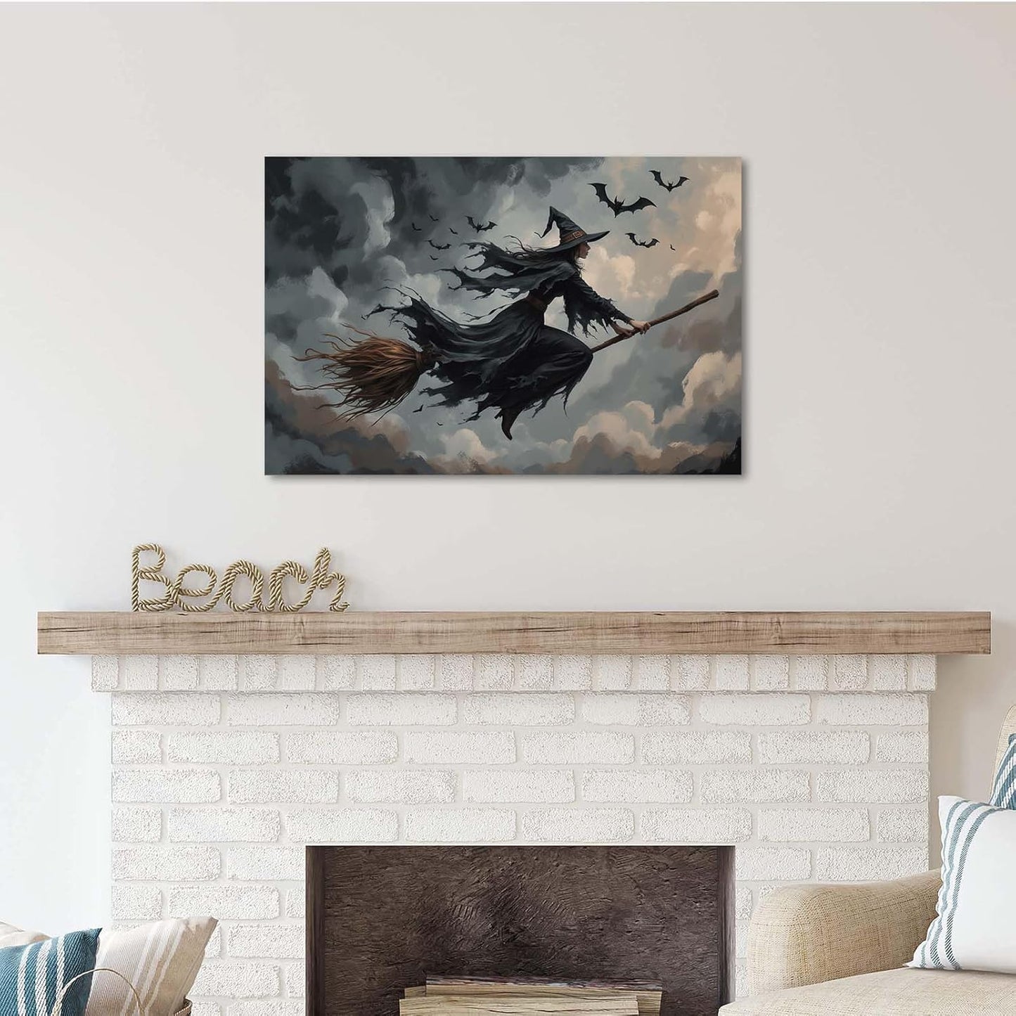 JFHCQJPK Witch and bat flying Halloween poster suitable for home party wall decoration retro Halloween preppy style wall art canvas print suitable for room decoration8x12in Frameless