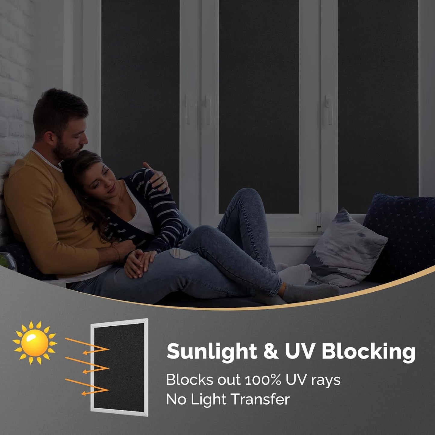 DOWELL Blackout Window Film, 100% Light Sun Blocking Static Cling Frosted Privacy Film for Glass, Heat Control Removable Window Tint, Room Darkening Cover for Day Sleep, Black, 17.5" x 118.1"