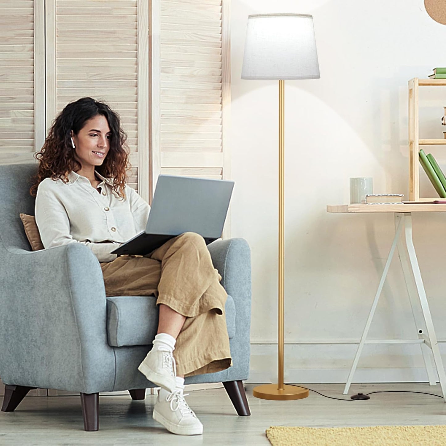 Floor Lamps for Living Room - Modern Gold Floor Lamp with Remote Control, Dimmable Colors Temperature Standing Lamp with LED Bulbs, Tall Lamp for Bedroom Office Kid Room - Brass Gold