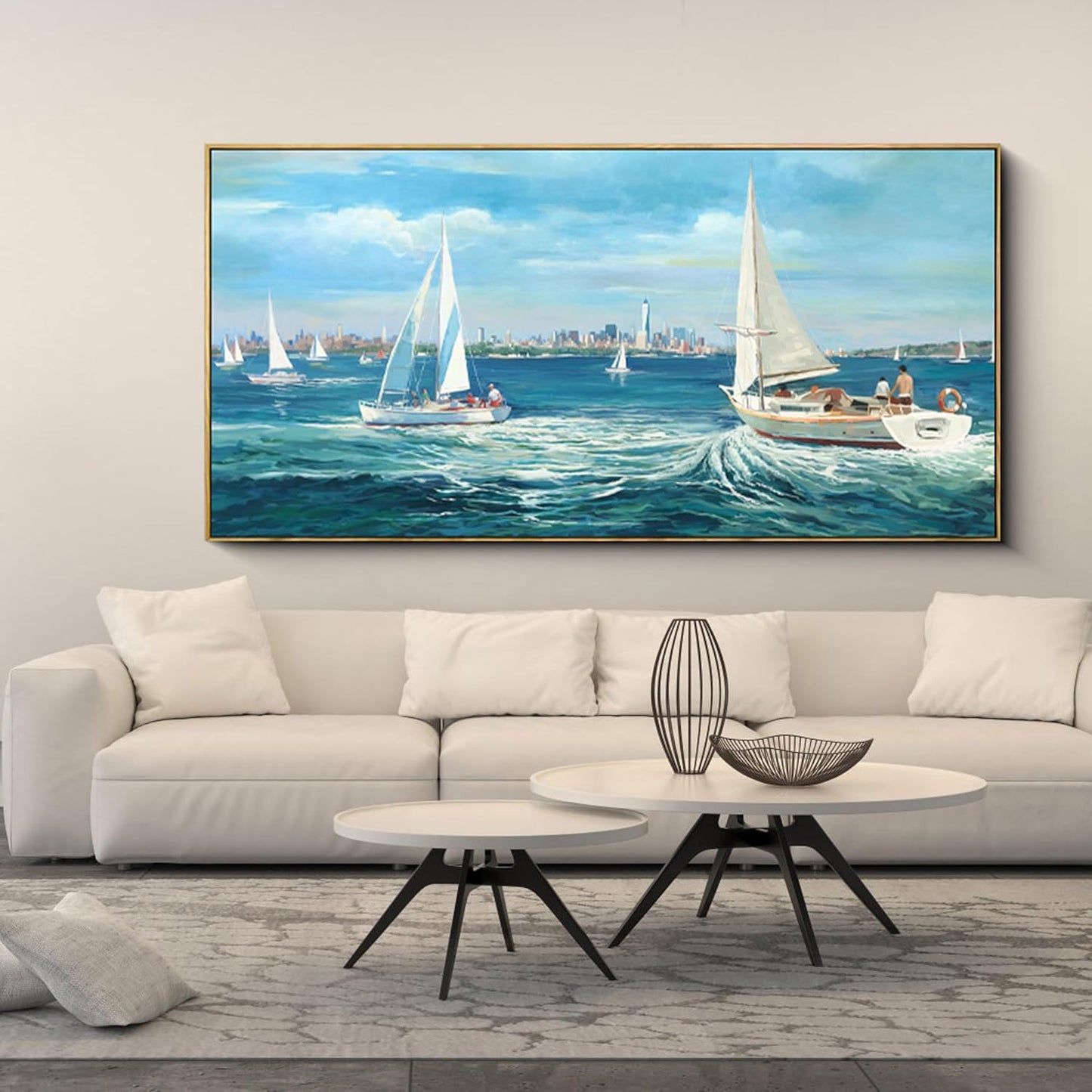 XLSJERST Large Blue Canvas Wall Art Seascape Painting - Landscape Picture Textured Navy Modern Sailboat Ocean Artwork Framed for Living Room Bedroom Bathroom Home Office Wall Decor Large Size 29"x58"