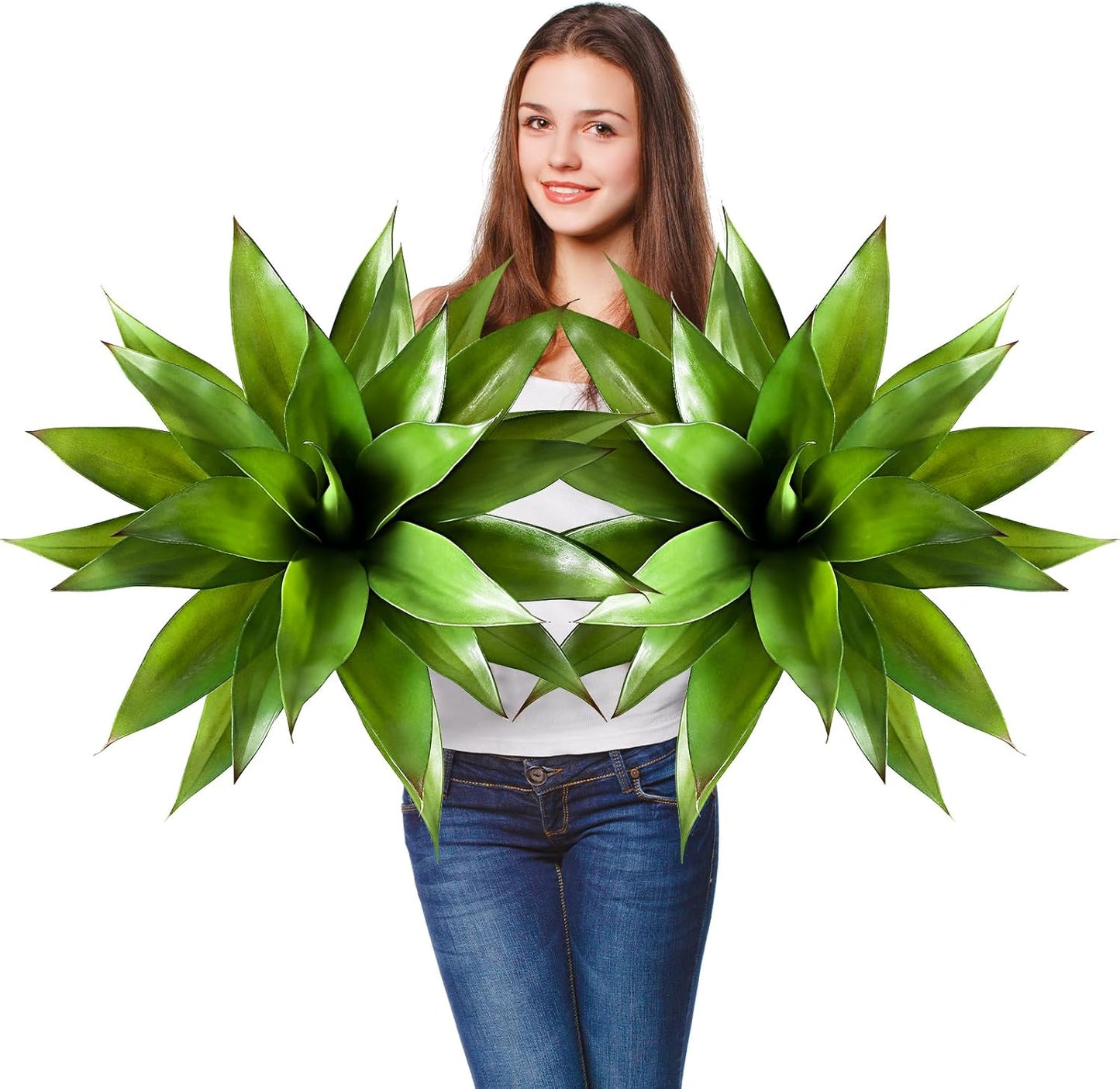 JUSTOYOU 28" Artificial Agave Plants Outdoor Large Fake Agave Plants Faux Succulents for Outdoor Indoor Home Front Porch Decor (2, Green)