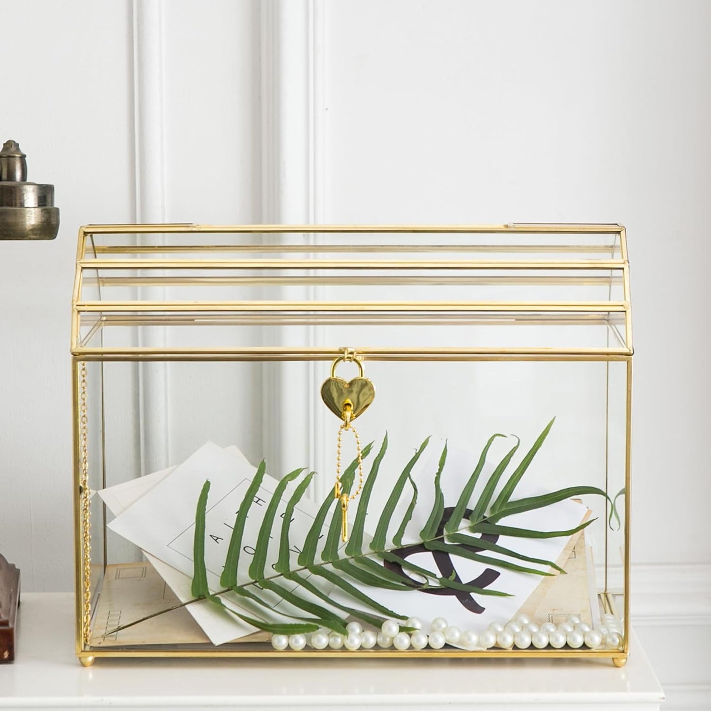 Wedding Card Box with Slot, 12.2'' Large Glass Card Boxes for Reception, Gold Card Holder, Clear Decorative Storage Box with Lock for Baby Shower, Birthday Party, Christmas, Bridal Shower