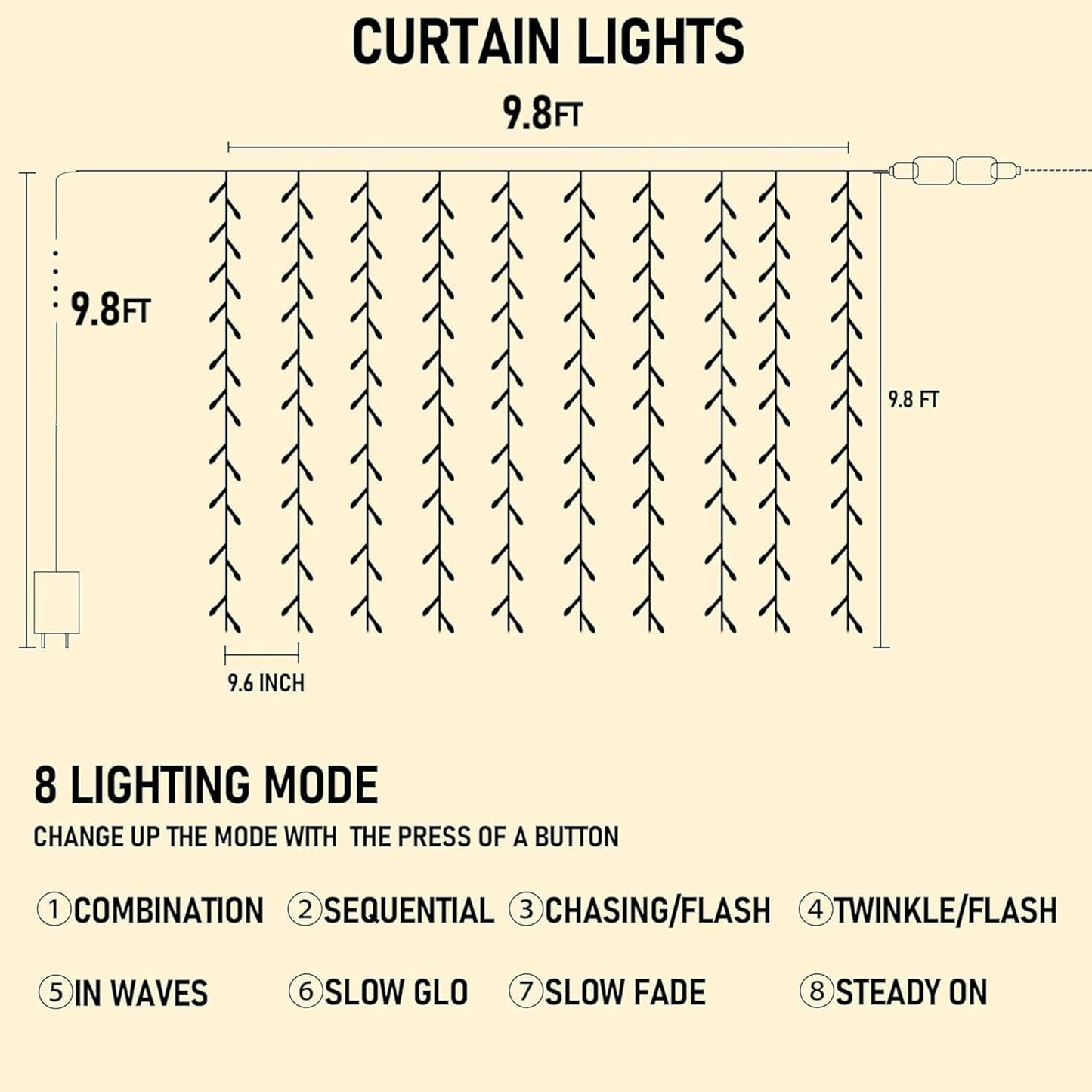 Dazzle Bright 300 LED Curtain String Lights, Christmas Fairy Lights for Bedroom with 8 Lighting Modes, Connectable Waterproof Window Lights Party Wedding Garden Wall Decor, White