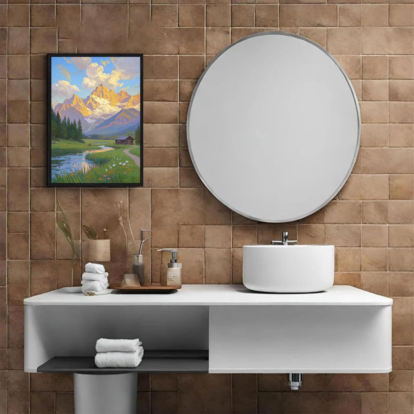 The mountain stream and lawn scenery under the sun is suitable for posting in the living room bedroom office landscape poster wall painting