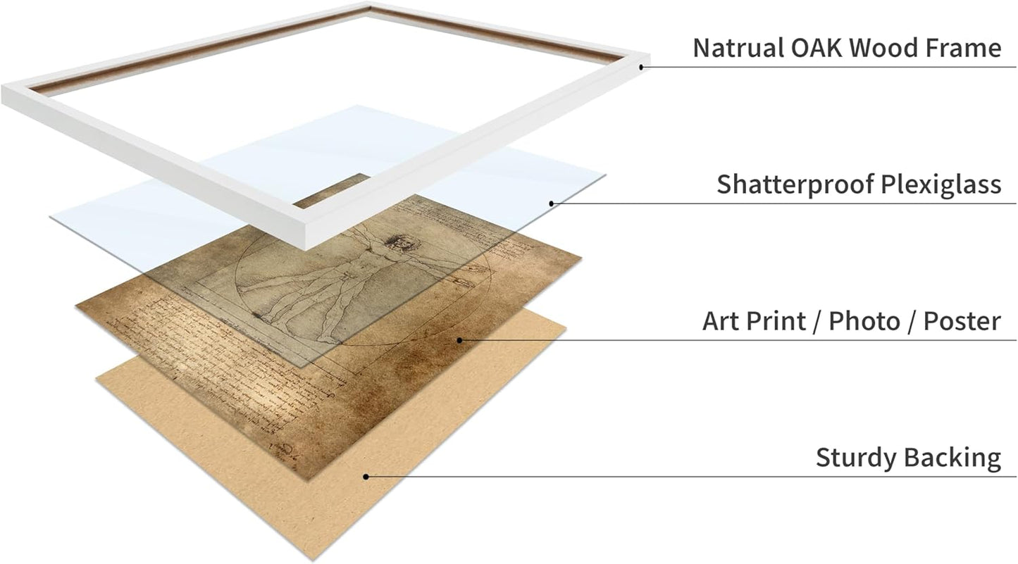 Poster Master Classic Leonardo Da Vinci Poster - Vintage Renaissance Print - Gift for Artist, Friend - Vitruvian Man, Proportion, Symmetry, Human Body - Wall Decor for Office, 8x10 White Framed