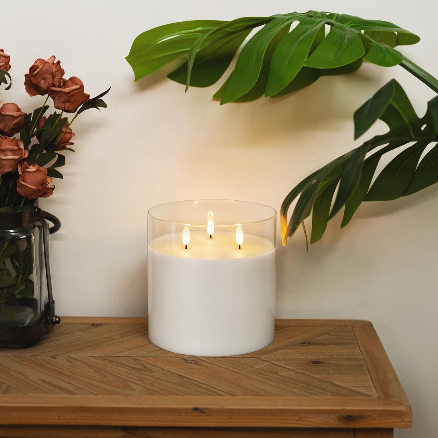 Homemory 6X6'' Extra Large Flameless Candle with 3 Wicks, Glass LED Pillar Candle, Real Wax Battery Operated Candle with Remote Control and Timer, Pure White