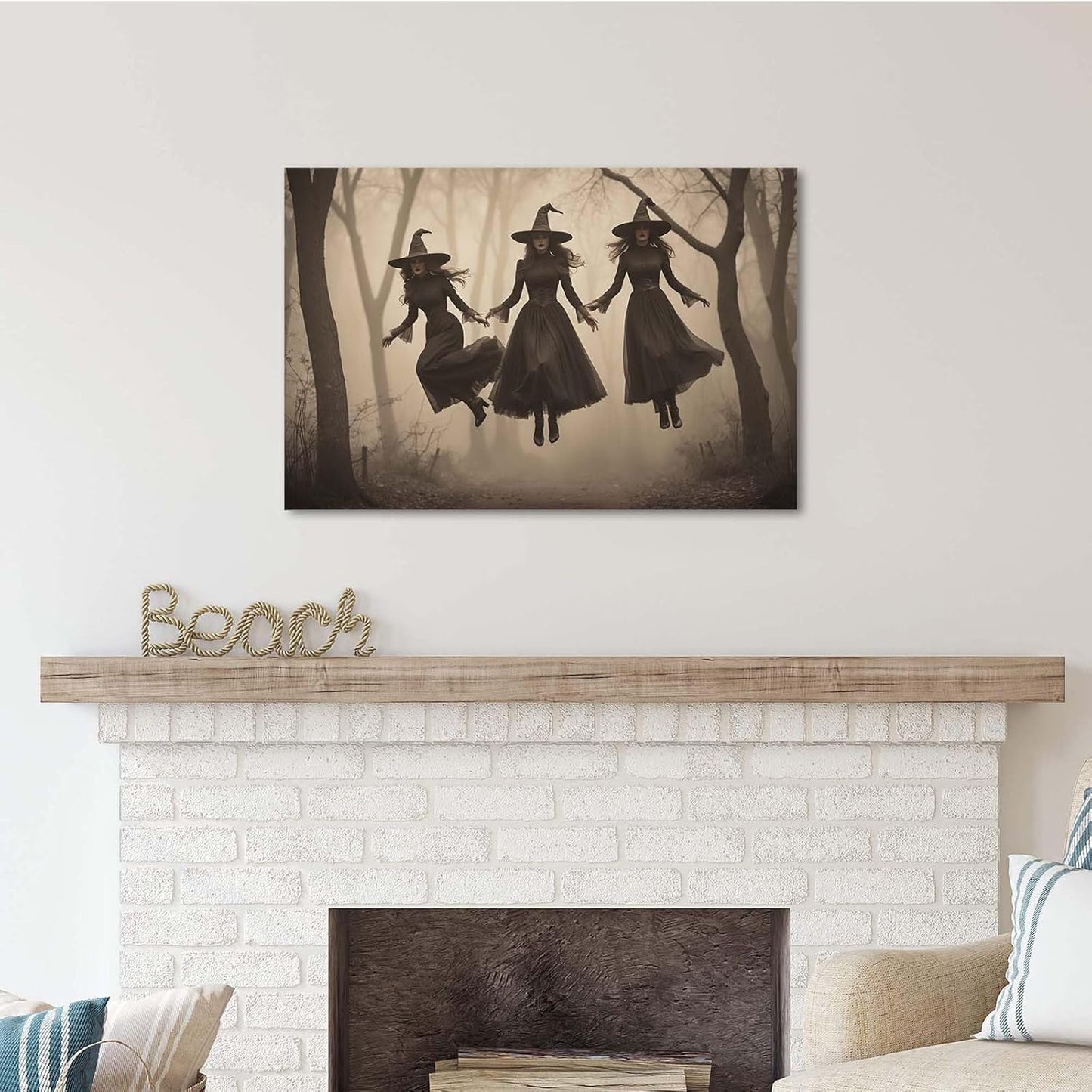 Three ghost witches flying in vintage forest gothic wall art witchcraft decoration holiday gift canvas wall art print12x16in Wood Framed