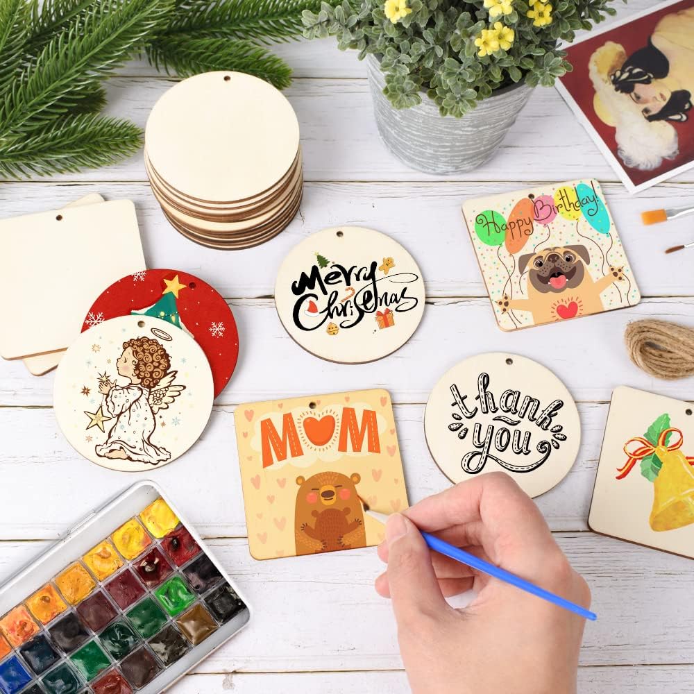 60 Pcs Wooden Tags, 3x3 Inch Unfinished Round Wood Pieces Blank Square Wooden Slices with Holes, with Jute Twines for Sign Tags Home Party Hanging Decoration