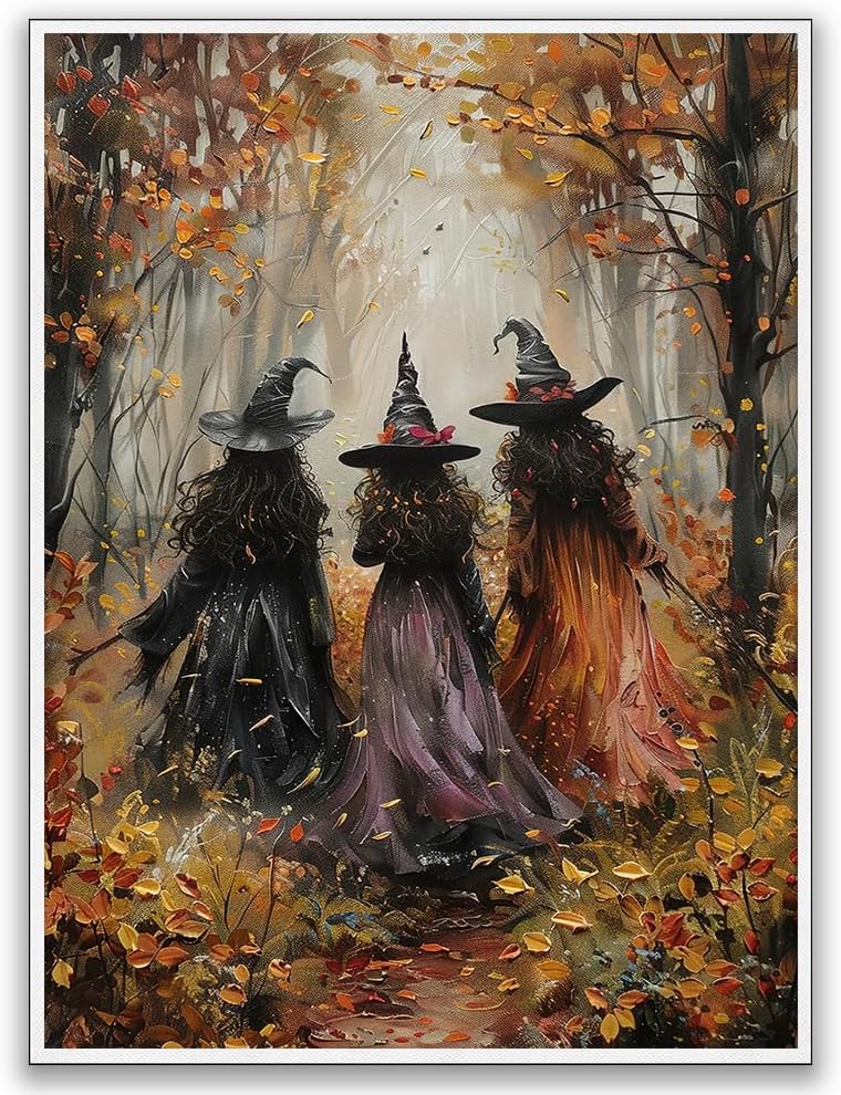 Generic Vintage Three Witches In The Forest Painting Witch Print Witchy Canvas Print Halloween Wall Art Halloween Decor Witch Poster Dark Academia Gothic Room Decor for Dorm Bedroom 16x24in Unframed