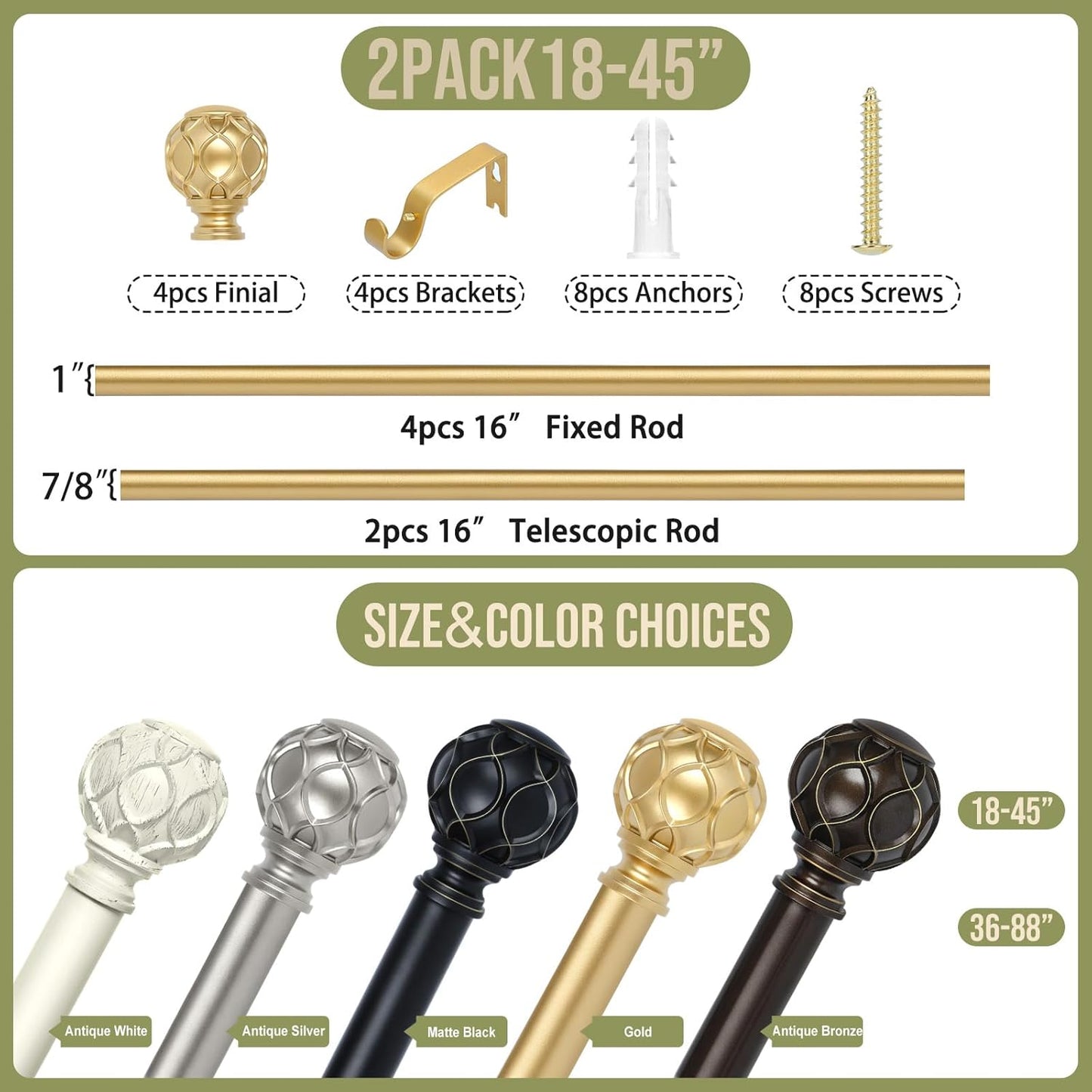 Gold Adjustable Curtain Rods for Windows:Farmhouse Heavy Duty Curtain Rod for Bedroom Living Room,Boho Decorative Rustic Drapery Rod with Vintage Coastal Texture Finial,Brass Gold 2Pack 18-45"