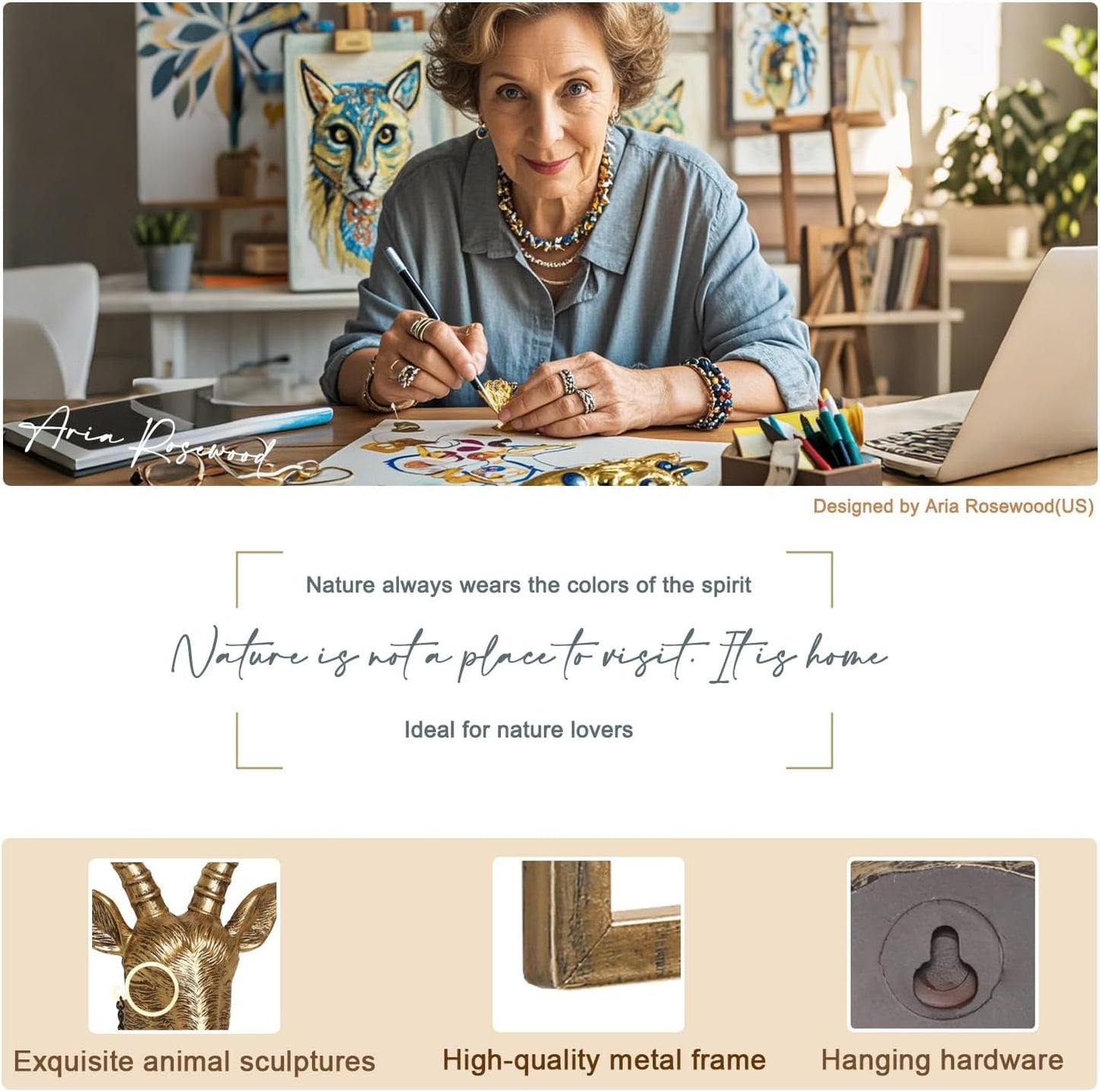 Animal Heads Wall Decor (Includes Metal Frame) Resin Animals Sculptures Head Wall Hanging Decoration Gold vintage Wall Sculpture for Living Room Bedroom Office(Antelope)