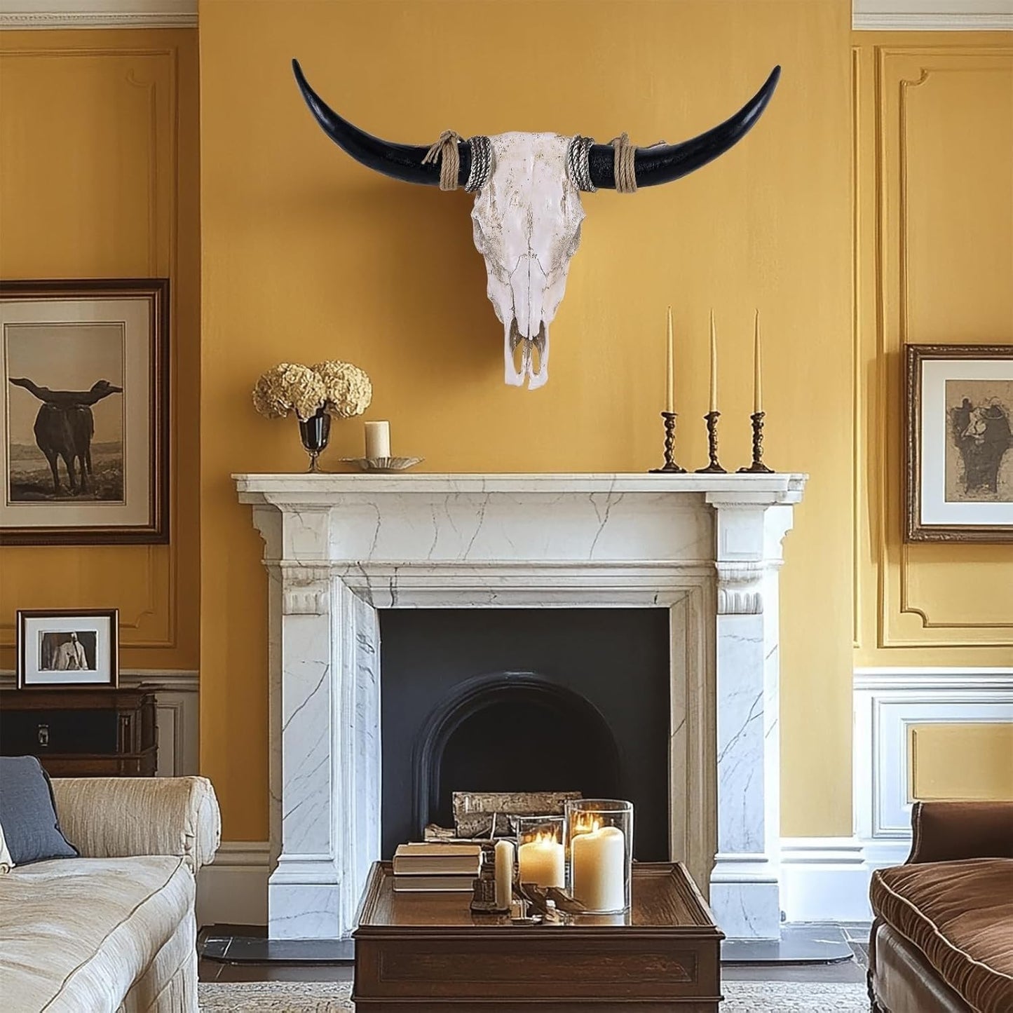 XOUXYJUN 31inch Cow Skull Wall Decor, Long Horn Wall Hanging Decor,Wall Hanging Faux Longhorn Skull Faux Taxidermy Animal Head, Handmade Decor Home Sculpture Faux Bull Horns for Wall (Black)