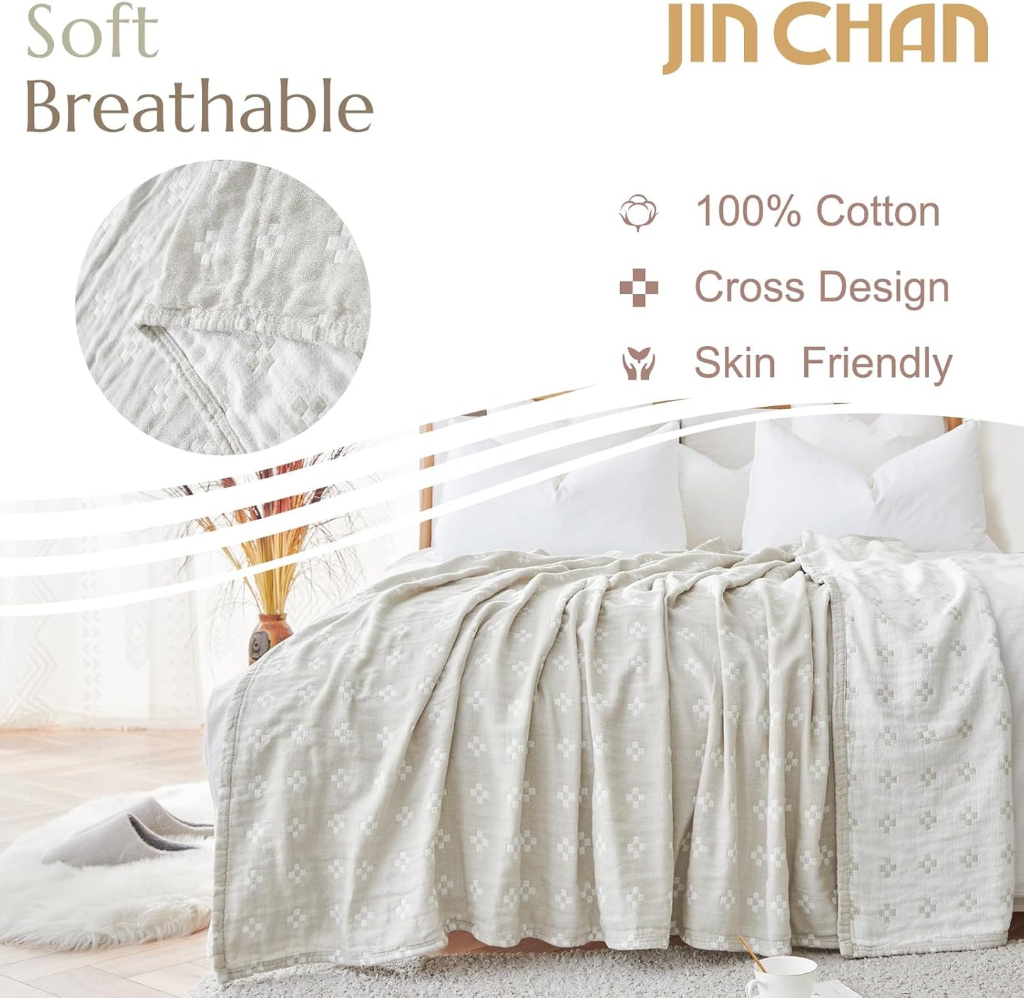 jinchan Boho 100% Cotton Blanket Muslin Twin Size 60x80 Inches Lightweight 3-Layer Geometric Cross Pattern Reversible Quilt Throw Soft Breathable Comfy All Seasons for Couch Bed Decor, Light Grey