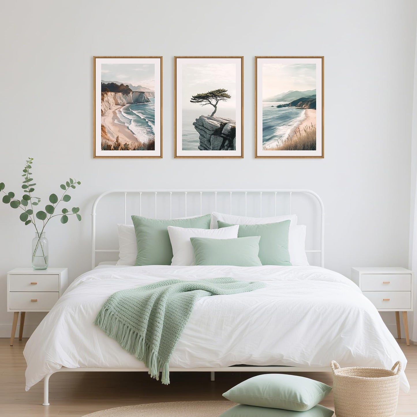 Amalfi Coastal Beach Framed Canvas Wall Art Set, Summer Ocean Wall Decor, Southwestern Beach Wall Painting, Ocean Seascape Art Prints for Living Room, Bedroom, Dining Room - 16"x24"x3