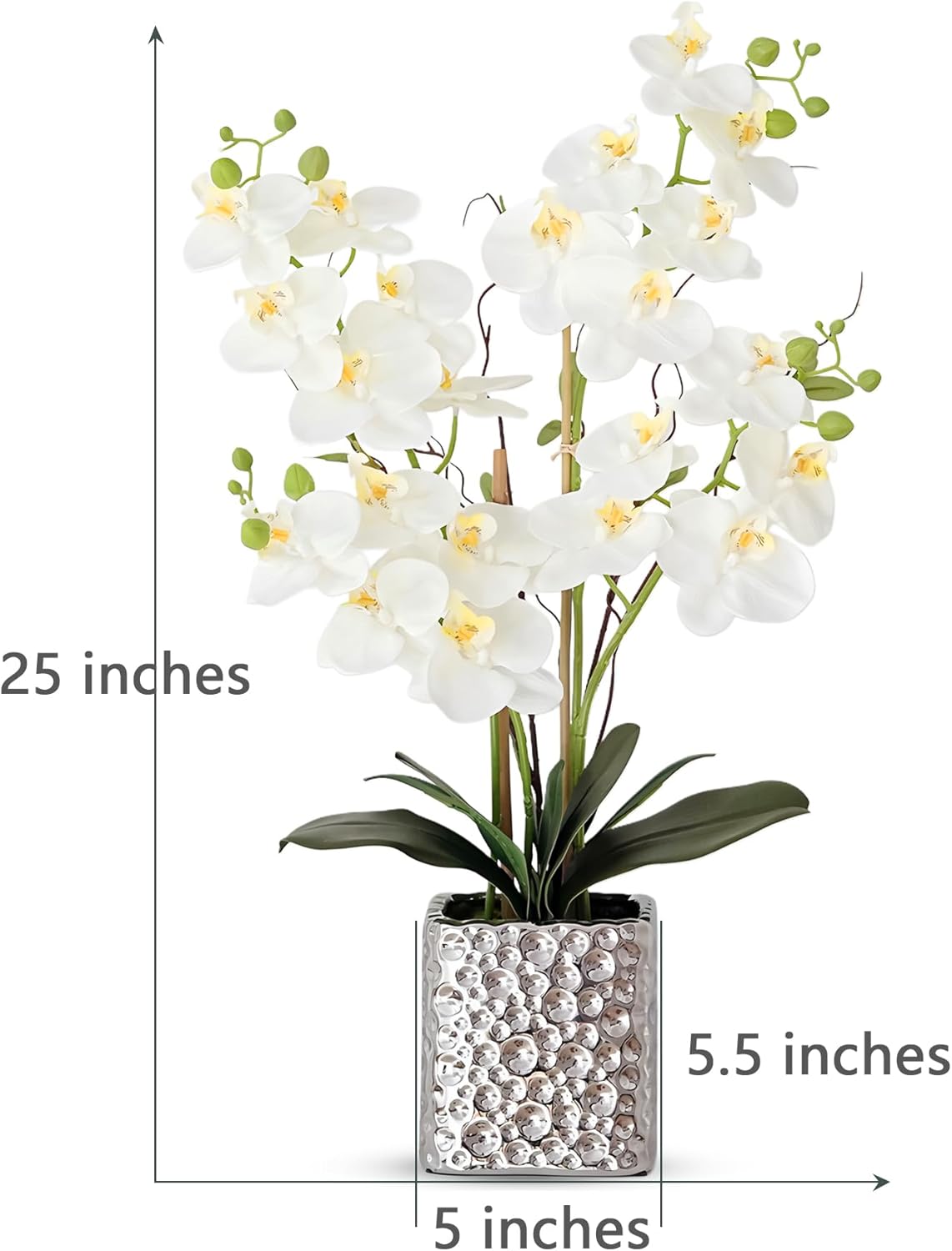 Orchid Artificial Flowers with Sliver Vase Large Silk Faux Phalaenopsis Flowers for Dining Room Table Floral Centerpieces Indoor Decoration,White
