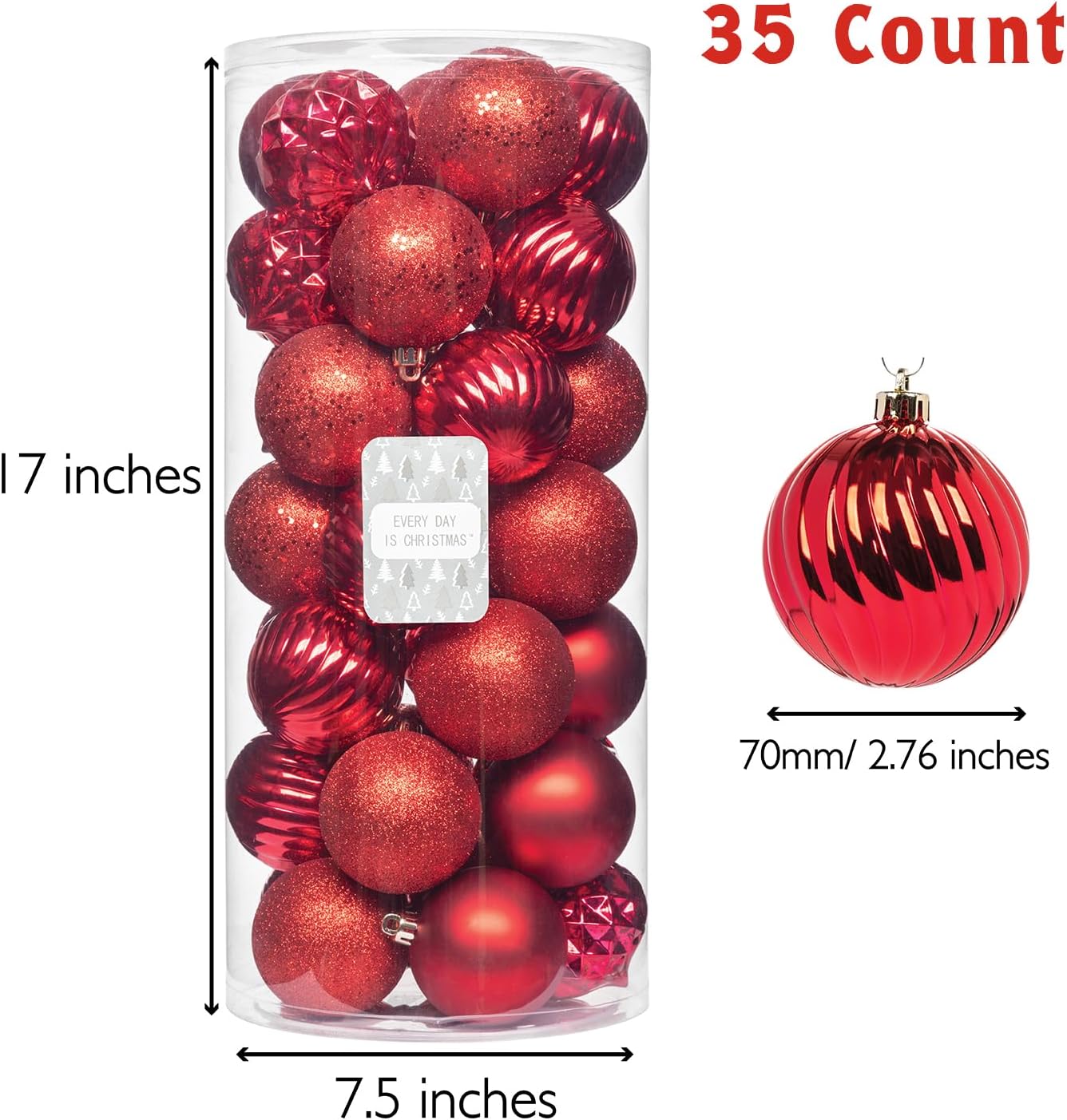 Every Day is Christmas Ornaments, Shatterproof Christmas Tree Ornament Set, Christmas Balls Decoration 35 Count (2.75"/70mm, New Red)
