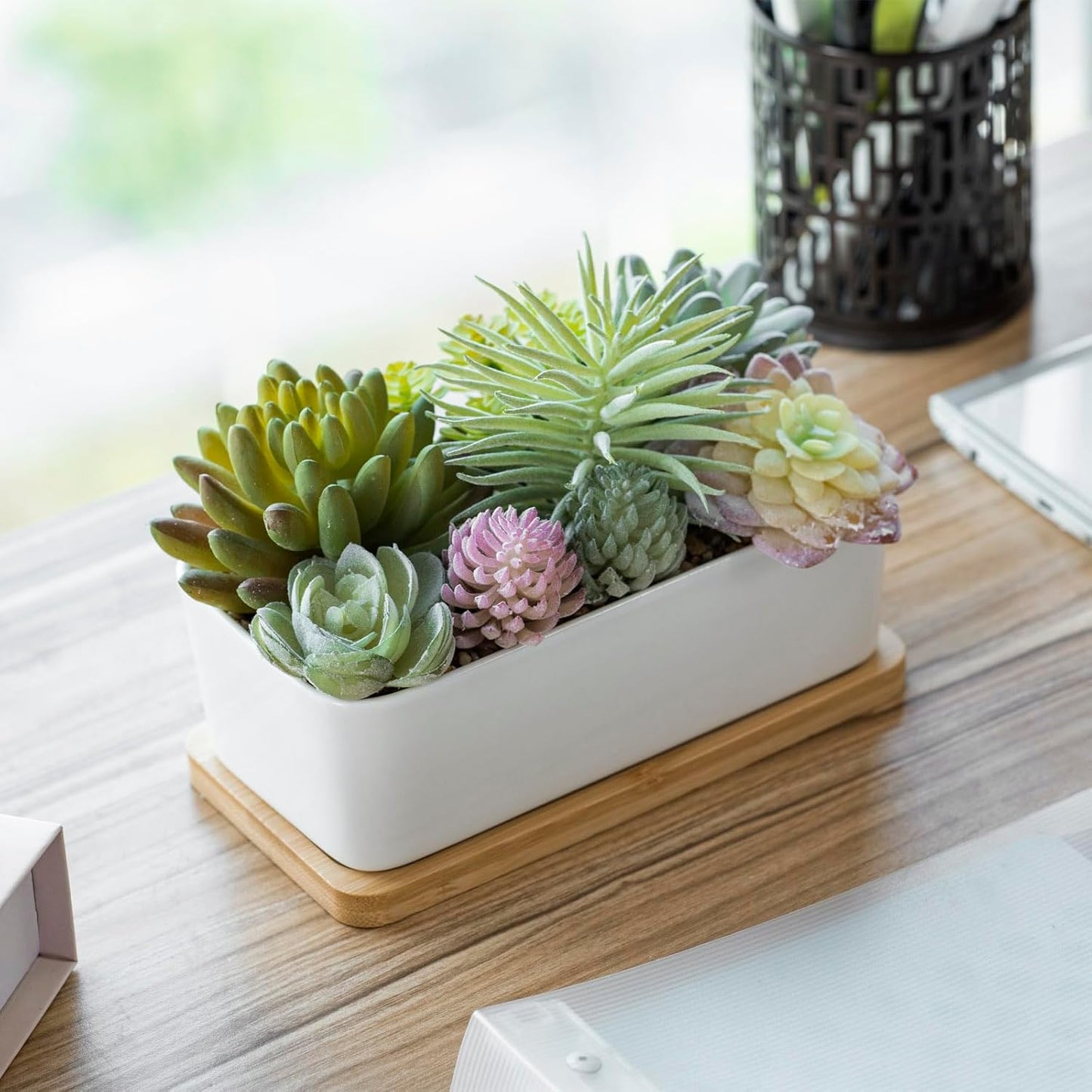 MyGift Assorted Artificial Succulent Plant Arrangement Potted in White Ceramic Planter Pot with Removable Bamboo Tray