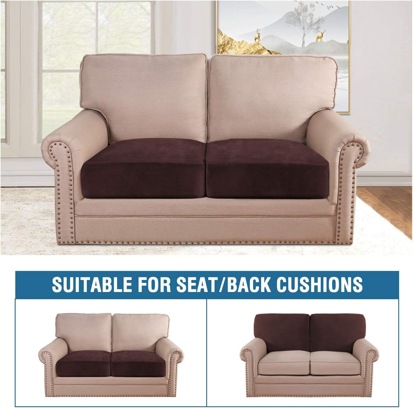 H.VERSAILTEX Velvet Stretch Couch Cushion Cover Plush Cushion Slipcover for Chair Loveseat Sofa Cushion Furniture Protector Seat Cushion Sofa Cover (2 Piece Medium Sofa Cushion Covers, Brown)