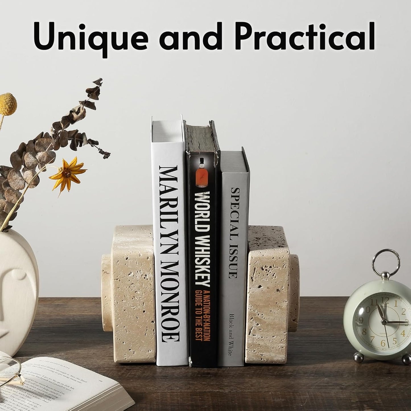 Koville Marble Square Book Ends, Heavy Duty Book Holders, Bookends for Shelves, Office Bookshelf Decor for CDs/Video Games(Travertino Romano)