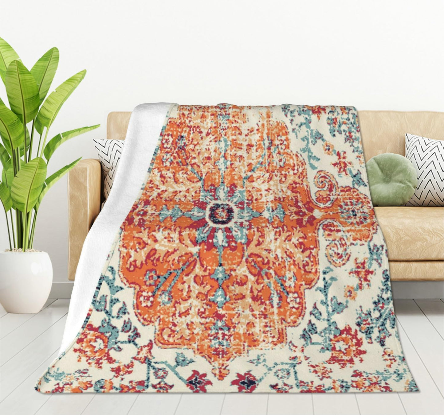 HGOD DESIGNS Carpet Pattern Throw Blanket Boho Style Ethnic Design Orange Blue Soft Blankets and Throws 40x50 Inch Caring for Women Men (100x130cm)