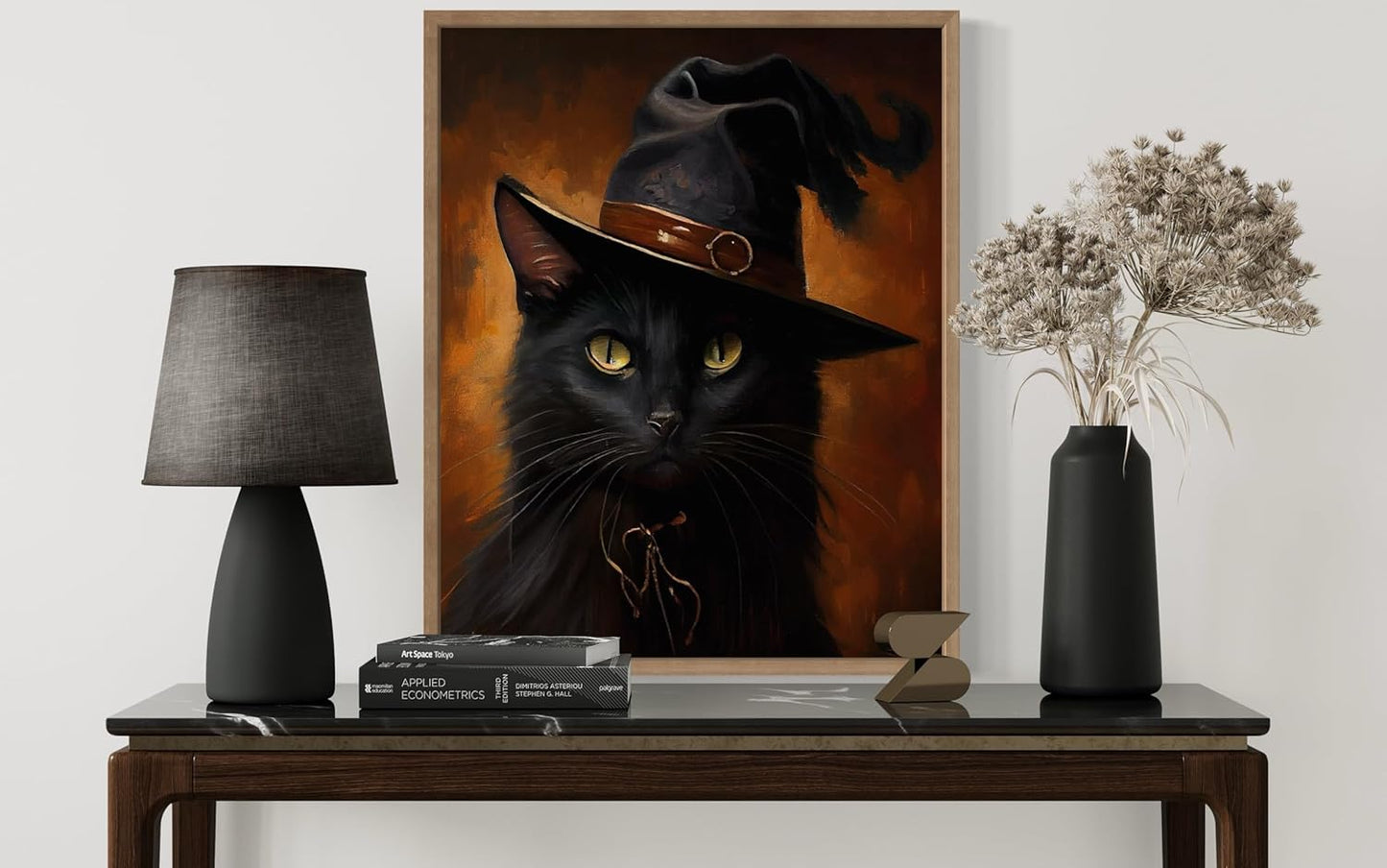Witch Cat Poster Art Print, Halloween Scary Vintage Wall Art Academia Spooky Painting Decoration for Horror Prints, Gothic Posters Bedroom Decor 89 (Witch Cat, 11 x 14 inches, Wood Frame)