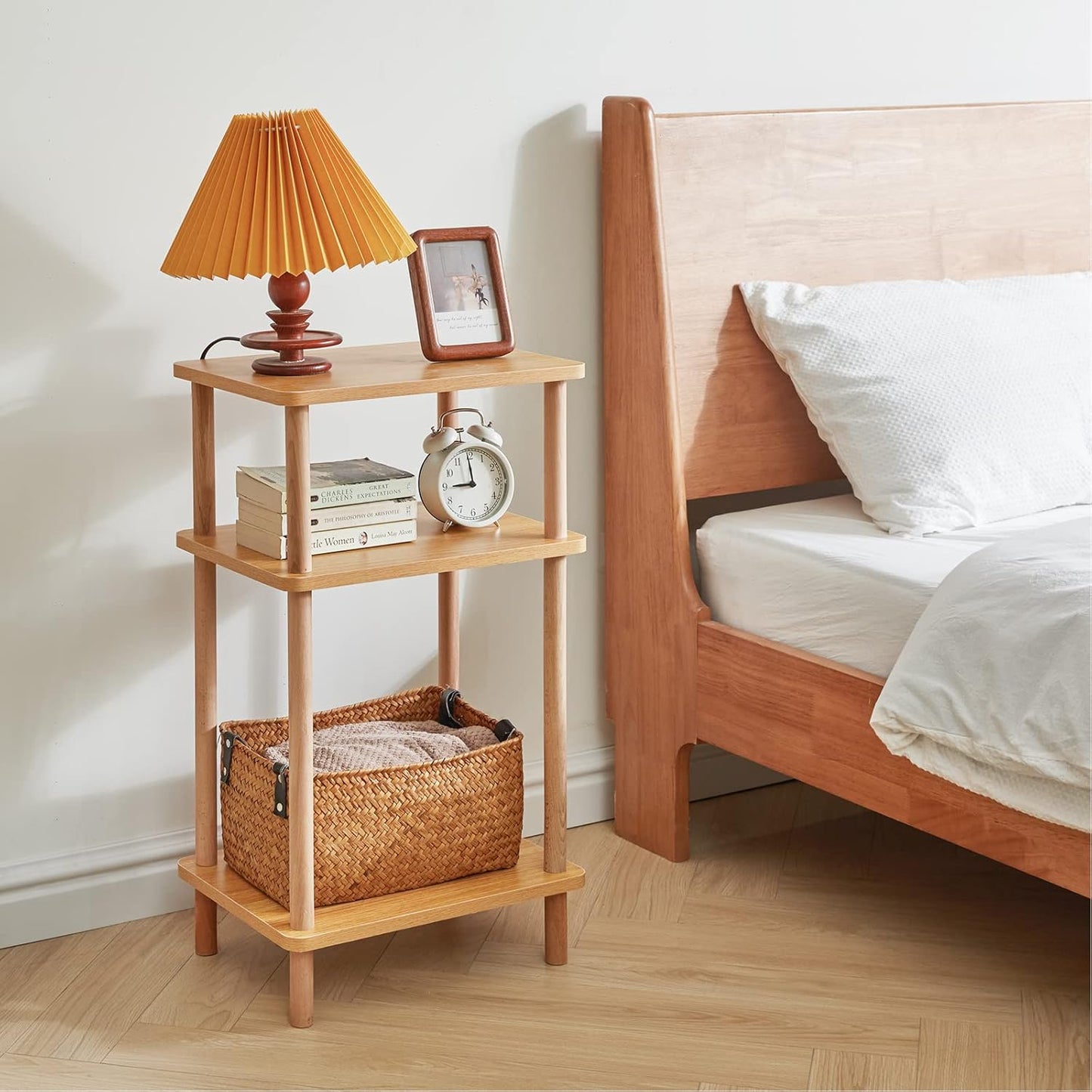 IBUYKE 3-Tier Side Table, Solid Wood Tall End Table with Storage Shelves, Nightstand Bedside Table for Living Room Bedroom Office, No-Tool Assembly, Natural UWST003N