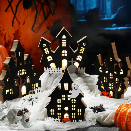 Bucherry 4 Pack Halloween Table Haunted House Decor Lighted Wooden Village Ghost House 3D Tabletop Decorations for Halloween Indoor Home Kitchen Desk Gift(Classic Style)
