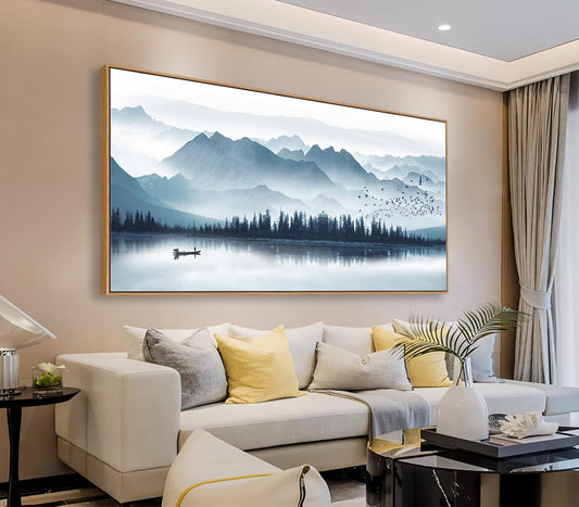 Indigo Framed Canvas Wall Art Misty Mountain Wall Pictures Foggy Lake Boat Canvas Painting Prints Forest Birds Canvas Wall Decor for Living Room Bedroom Decorations Framed 20" x 40" Natural