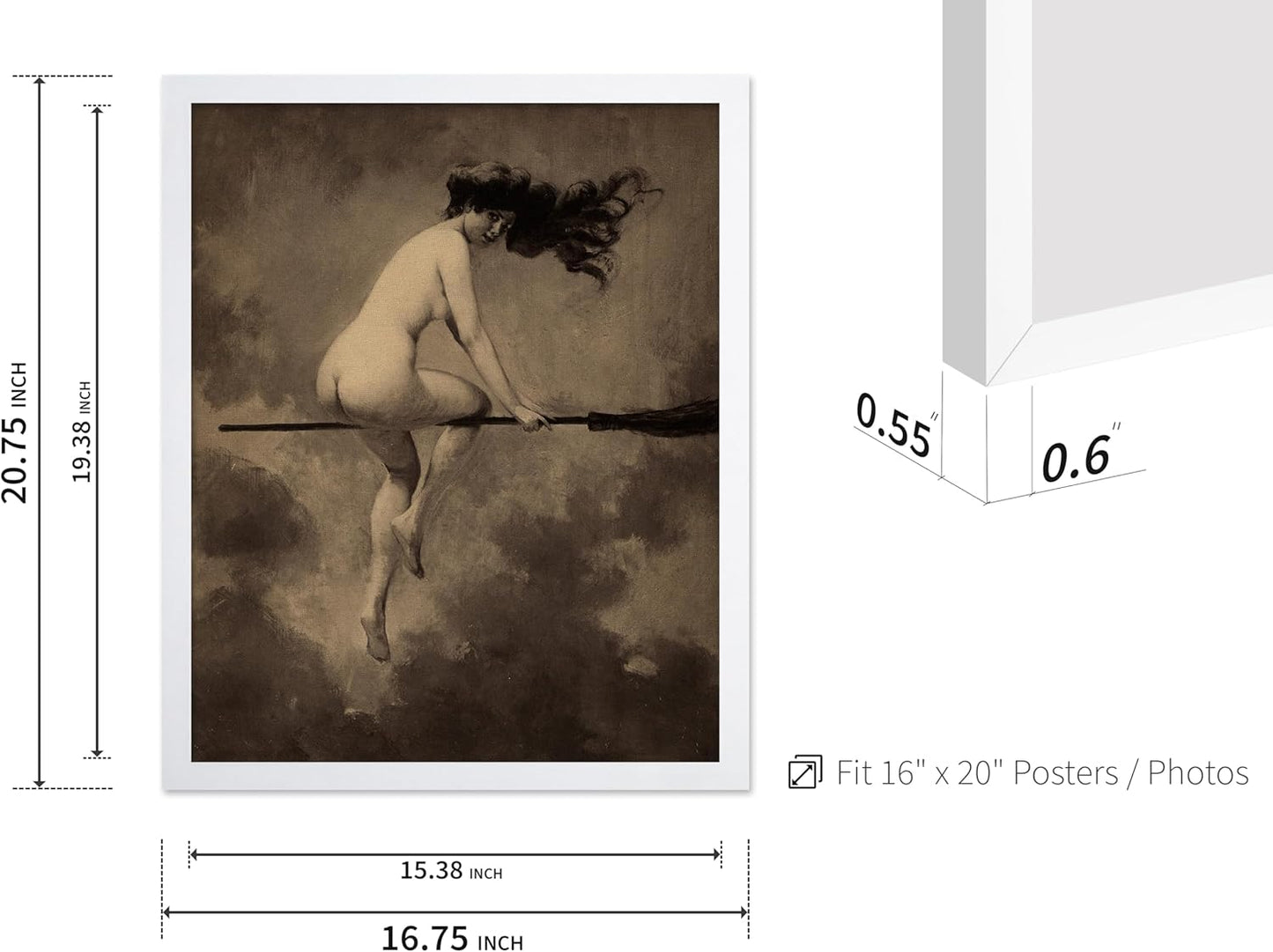 Poster Master Vintage Albert Joseph Penot Poster - Retro Halloween Print - Gift for Artist, Friend - Departure for the Sabbath, Naked Witch on Broom - Wall Decor for Bedroom, 16x20 White Framed