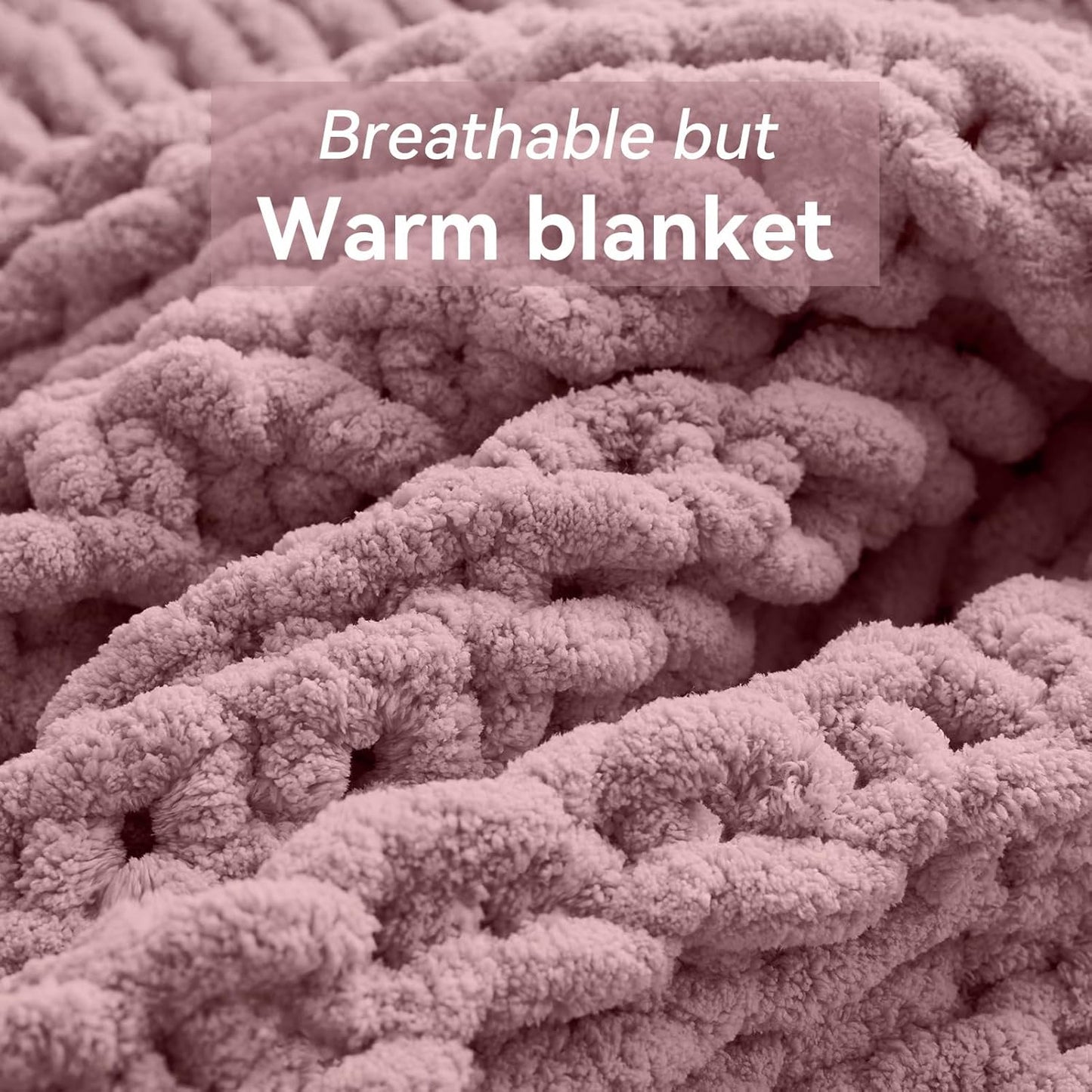 Chunky Knit Throw Blanket, 40''*50'' Knitted Throw Chenille Yarn for Bed Couch, Handmade Muted Pink Crochet Big Thick Blanket, Machine Washable Cute Comfy Blanket for Home Decor